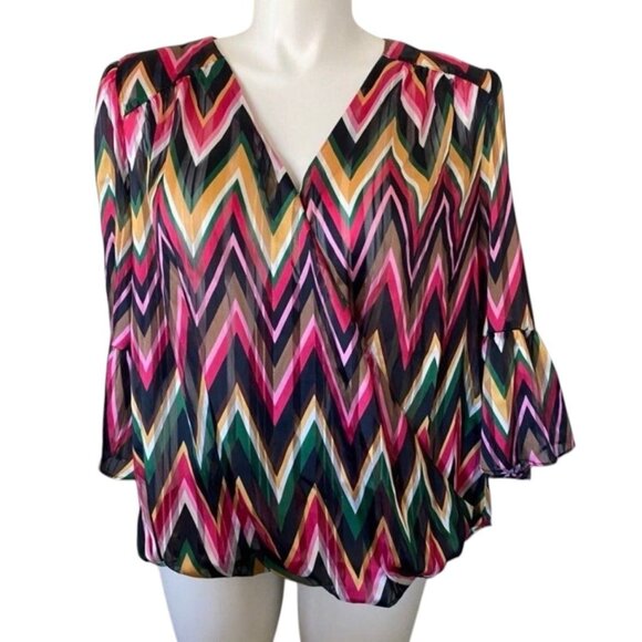 INC International Concepts Women's Faux Wrap Front Colorful Chevron Blouse Size - Picture 1 of 5